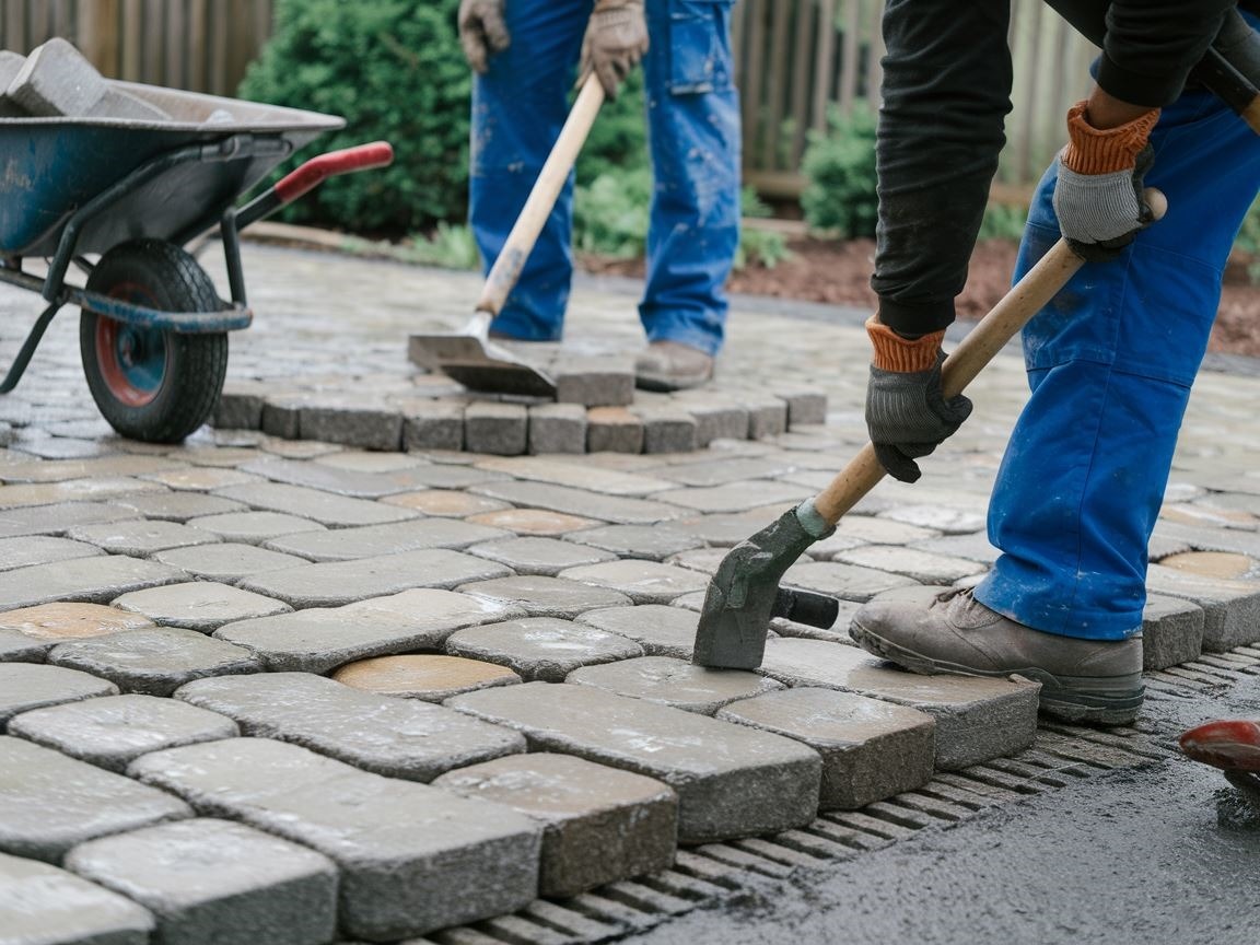 Widok na proces układania kostki brukowej z narzędziami