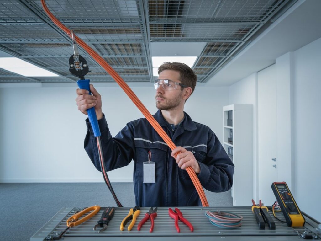 elektryk montujący przewód nad sufitem